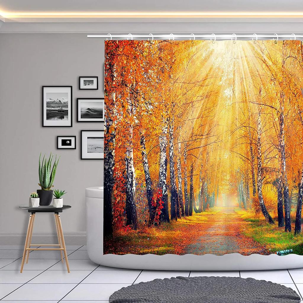 Fall Shower Curtain Autumn Forest Birch Tree Leaf Pathway Farm Country Rustic Wildlife Woodland Woods Orange Brown Bathroom Deco