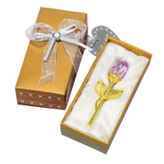 Faux Crystal Rose Flower Gift with Metal Stem Clear Flower Figurine with Gift Box