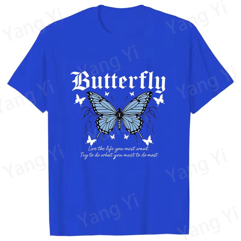 Blue Butterfly Print and Inspirational Slogan Print Tshirt Unisex Women Fashion Round Neck Loose Tee Shirt Streetwear Tshirt Tees