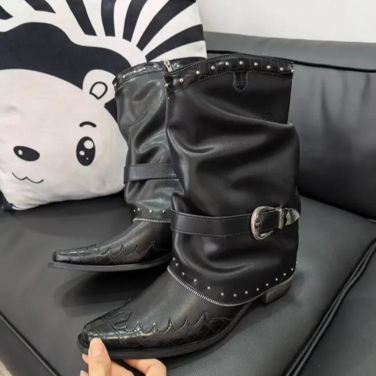 

New Gothic Cowgirls Western Boots For Women Pointed Toe Rivet Buckles Chunky Heels Vintage Women Mid-Calf Boots 35
