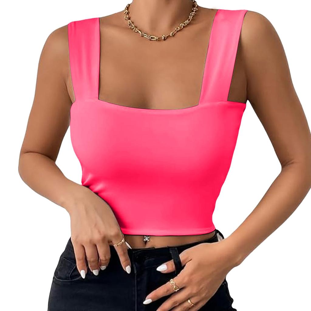 Basic Crop Tops for Women Square Collar Low Back Sleeveless Short Tank Top Solid Color Stretchy Bodycon Sexy Backless T Shirt