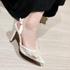 Summer Women Pumps Pearl Bow Pointed Toe Lace Stiletto heeled Sandals Banquet Party Ankle Buckle Ladies Shoes