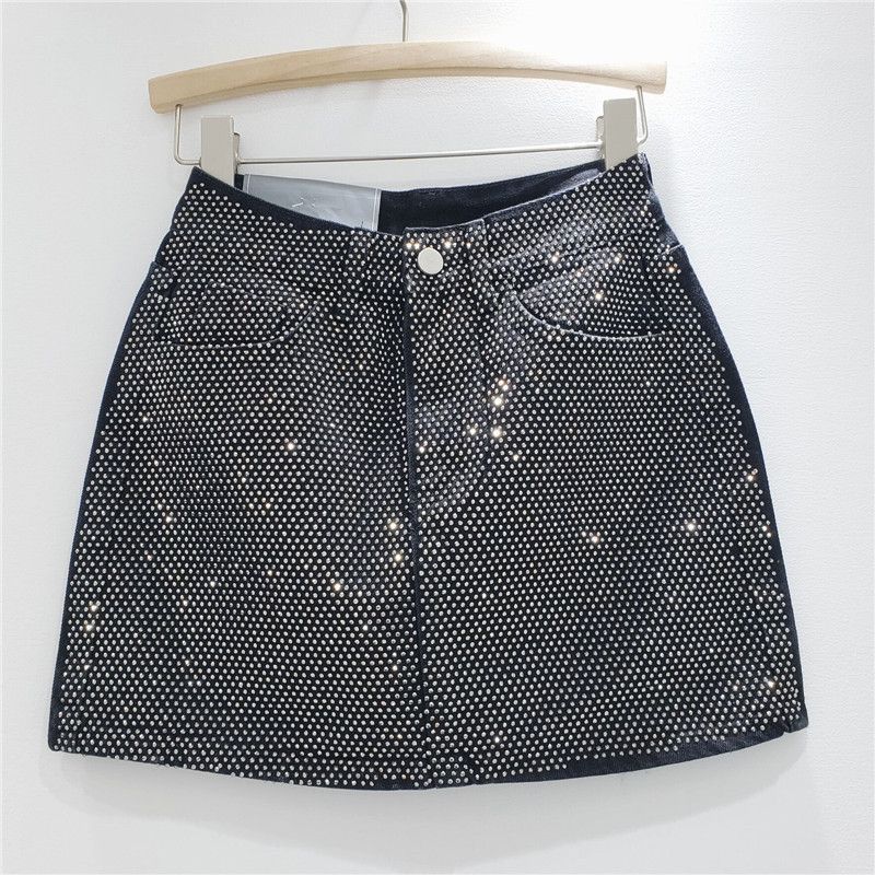 European Goods 2025 Summer New Heavy Industry Hot Drilling Denim Skirt Women's Fashion High Waist Slimming A Word Sheath Short dress
