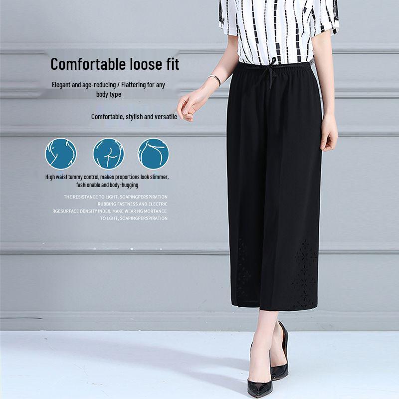 Flowy Chiffon Wide-Leg Pants for Middle-Aged Women - High-Waisted, Nine-Point, Casual Summer Wear