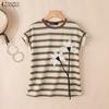 ZANZEA Women Casual Round Neck Loose Stripe Print Short Sleeve Blouse