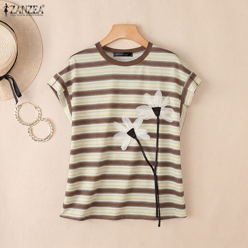 ZANZEA Women Casual Round Neck Loose Stripe Print Short Sleeve Blouse