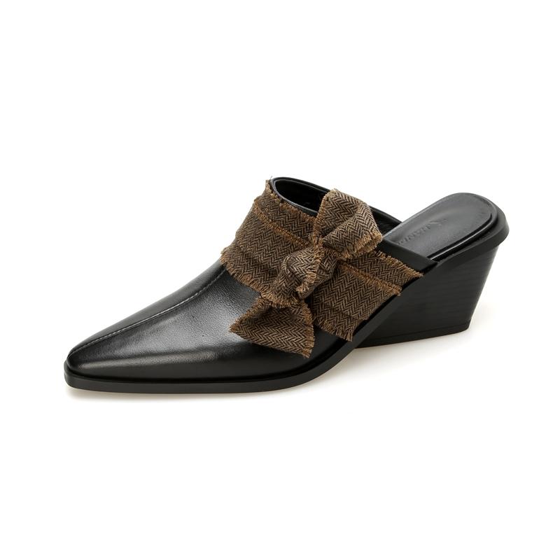 Fashion Women's New Summer Baotou Genuine Leather Cowhide High Heels Large Pointed Retro Bow Muller Slippers