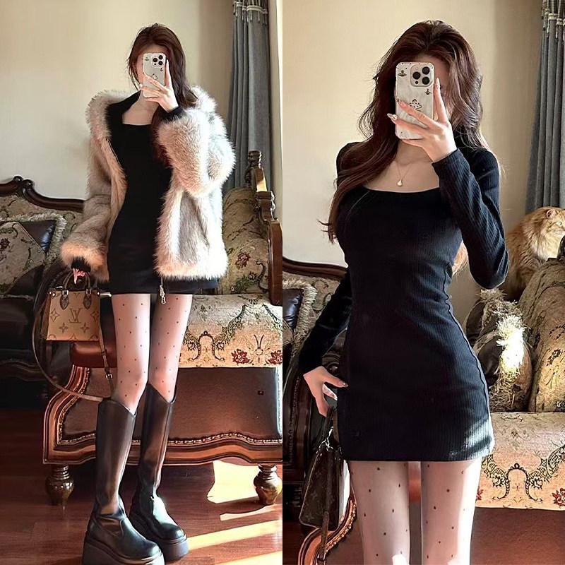 Women's Black Slim-Fit Dress with Coat - 2026 Autumn/Winter High-End Cinched Waist Little Black Dress