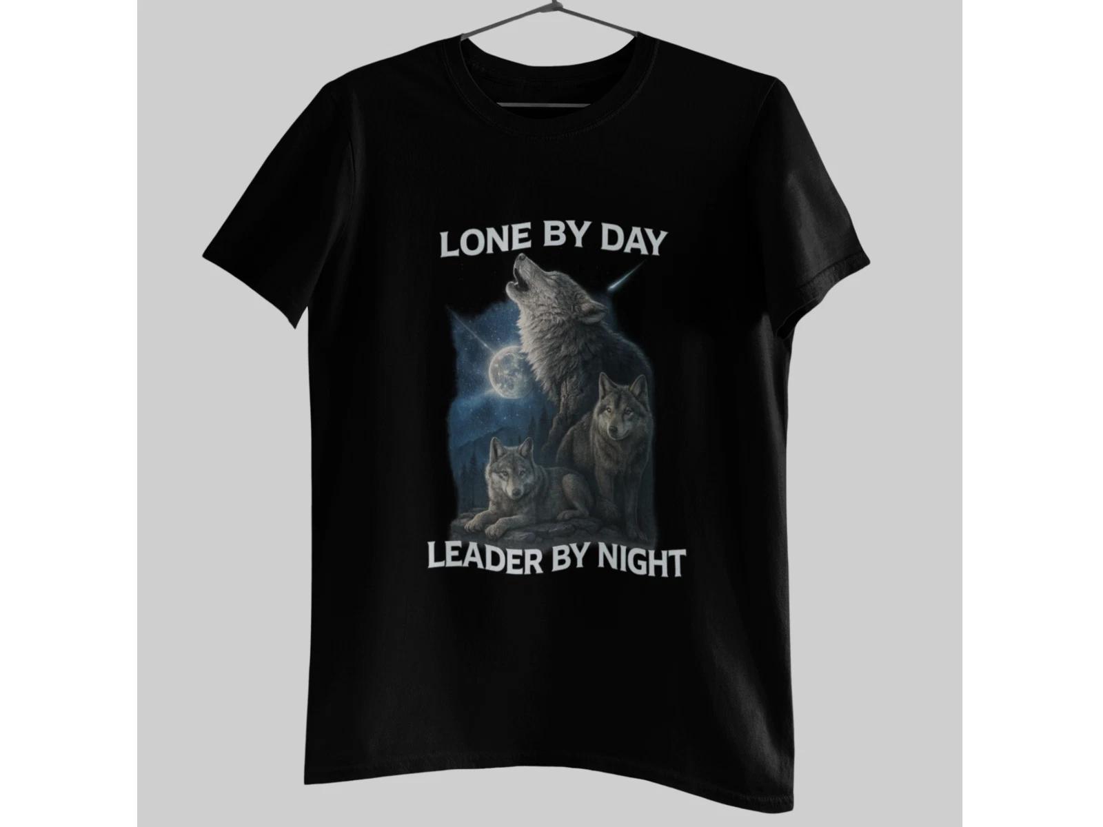 Lone By Day Leader By Night Wolf T-Shirt Alpha Wolf Pack Tee Night Forest Art XL