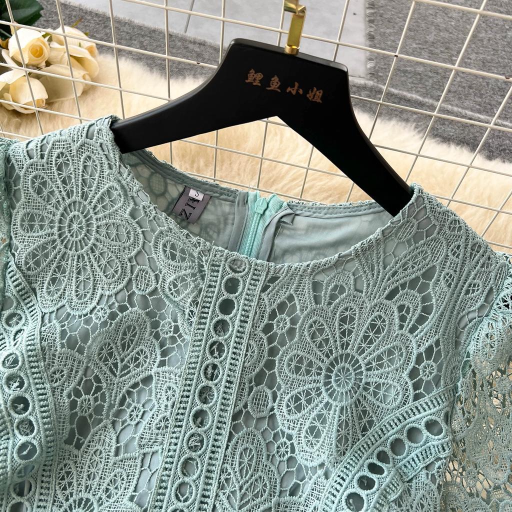 Summer Women French Vintage Lace Crochet Party Dress Fashion O Neck Slim Embroidery Long Dresses