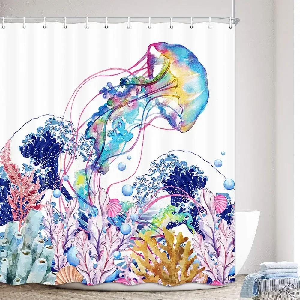 Manet Duschdraperi Blå Magisk Undervattens Havsliv Duschdraperier Roliga Akvatiska Badrumsdraperier Badskärm, Vattentät