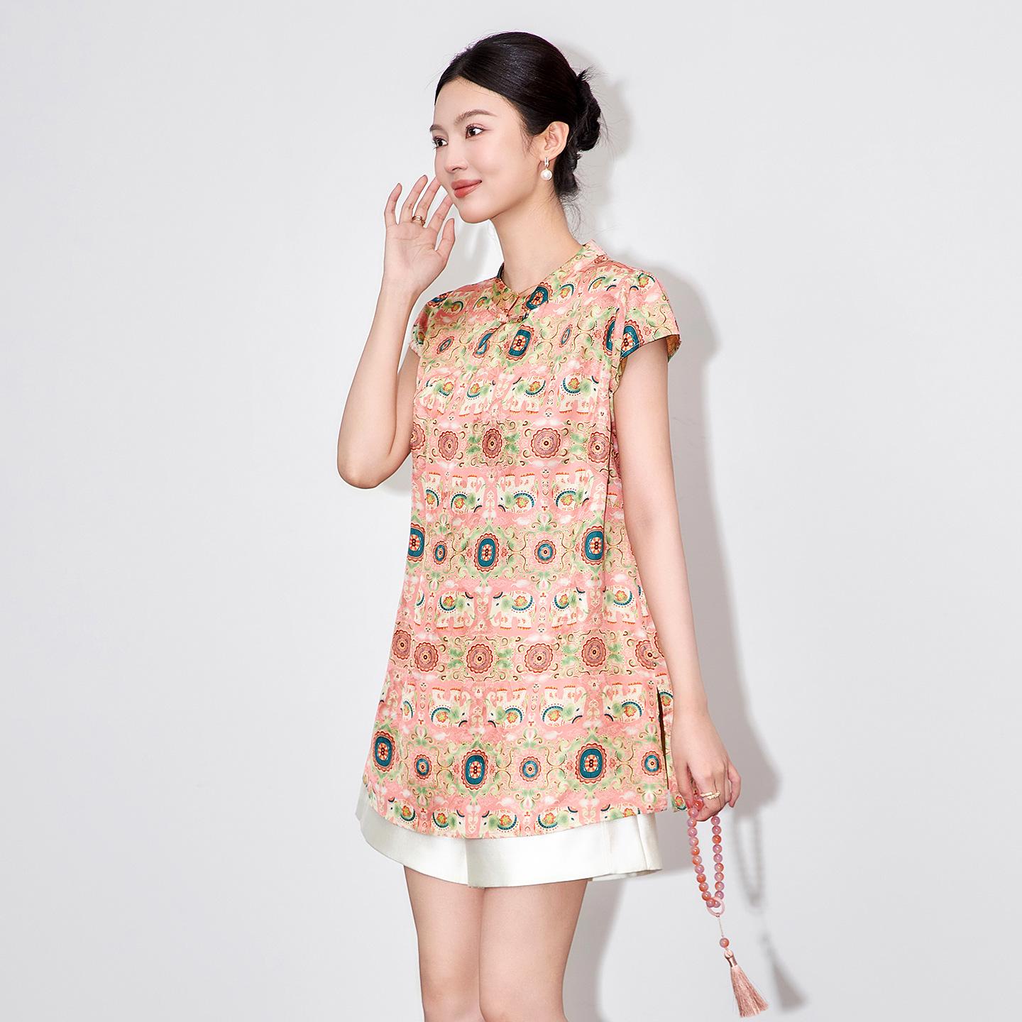 

Женская летняя рубашка с жаккардовым узором «слон», воротник-стойка Large