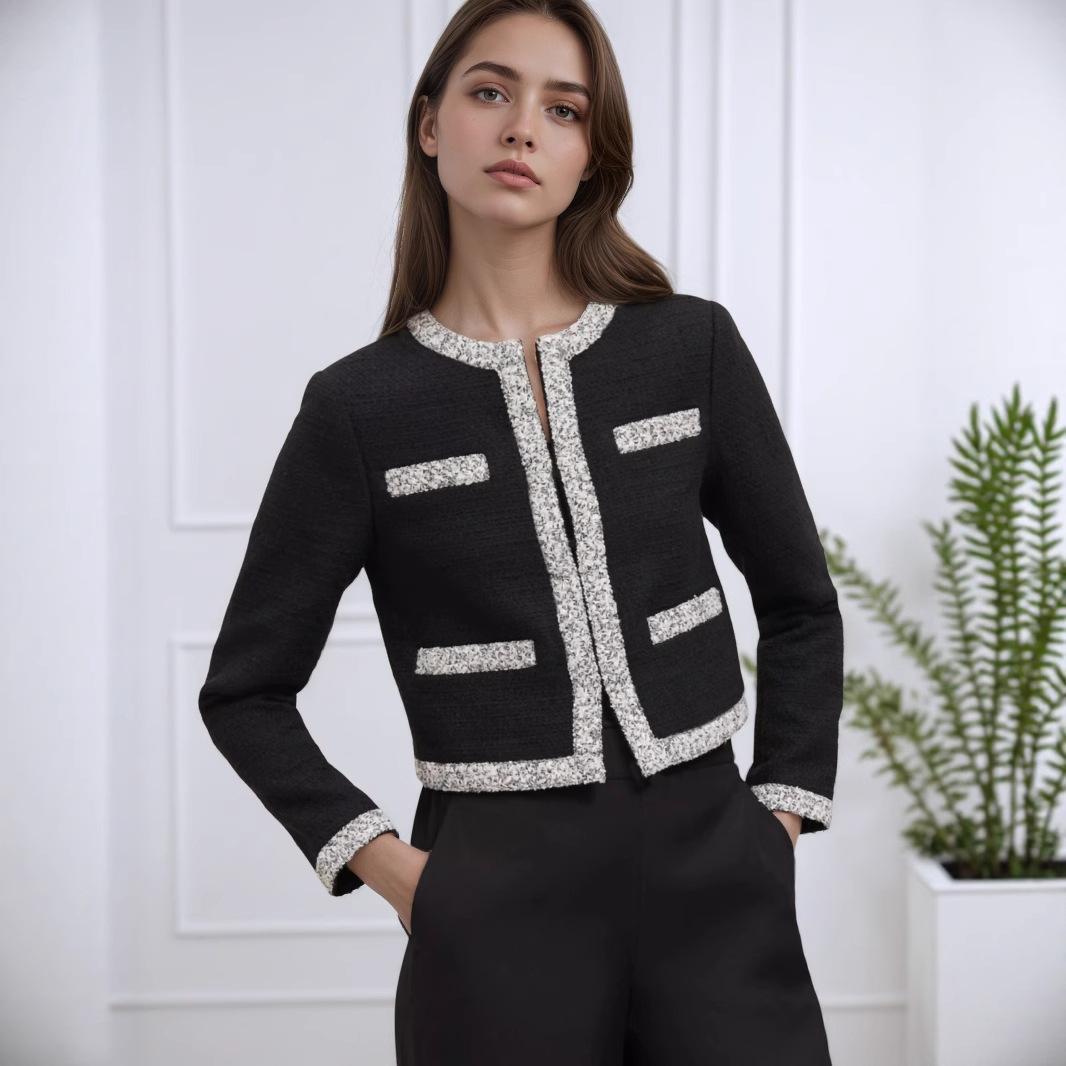 European and American French exquisite round neck color matching trim design small fragrant wind tweed women s new short coat high sense S