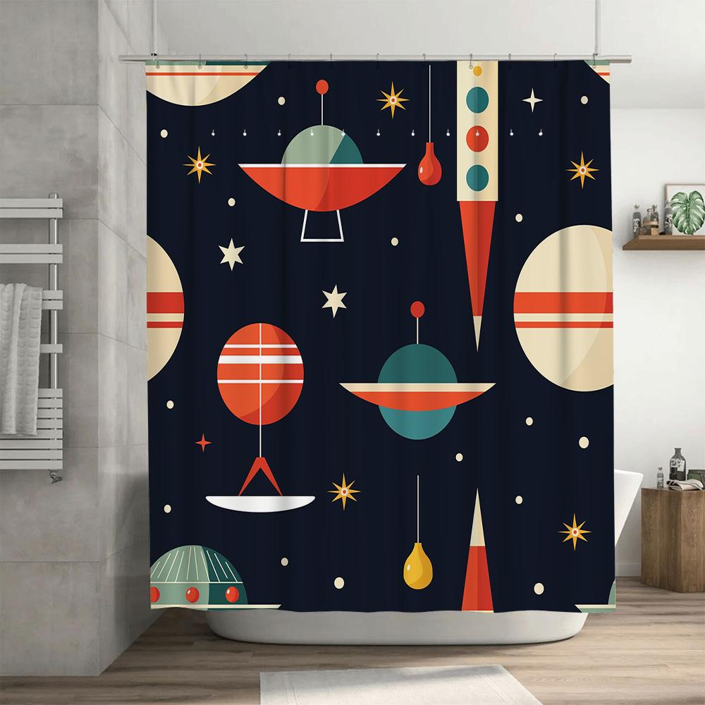 Space-themed Retro Shower Curtain with Colorful Geometric Shapes Perfect for Bathroom Decor
