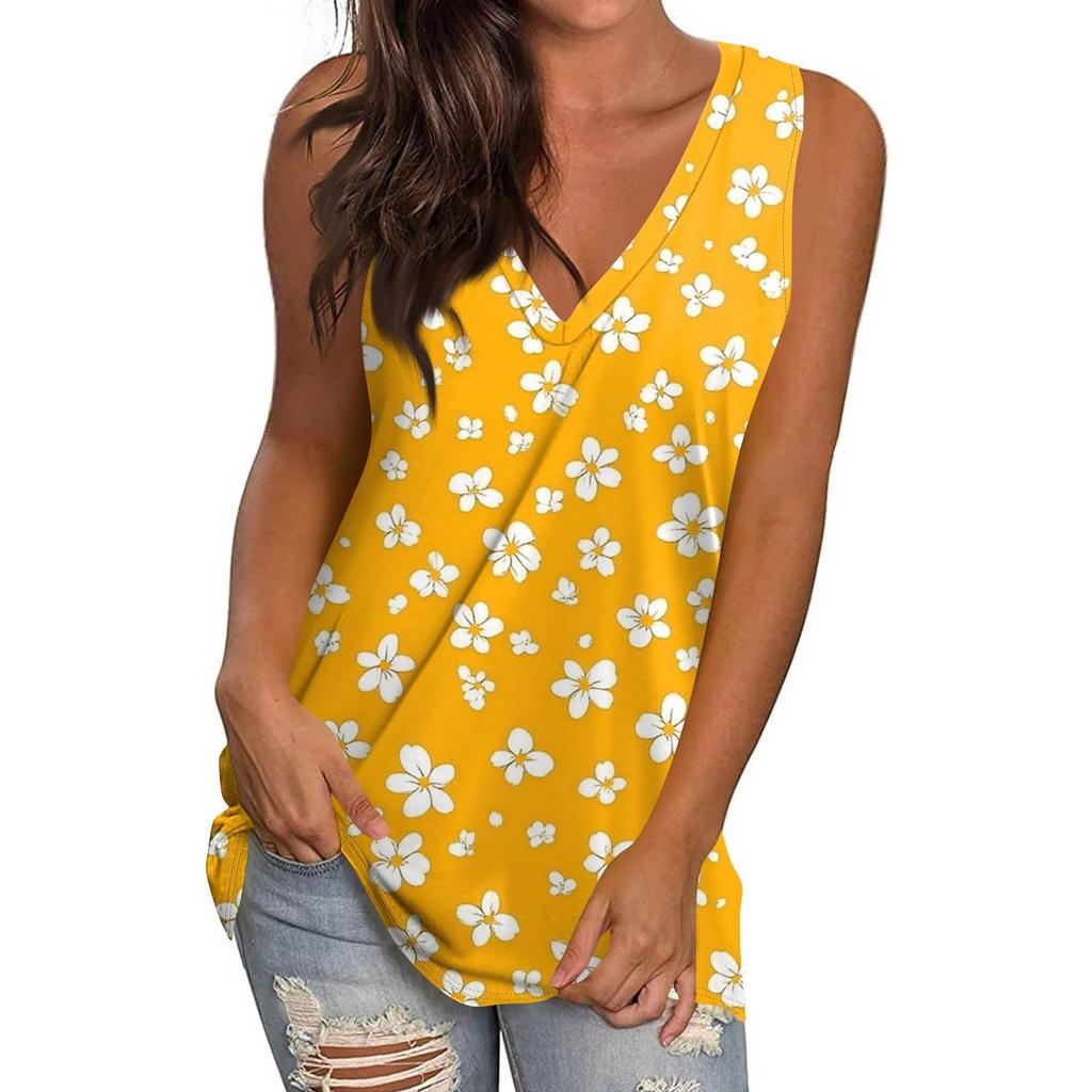 Women's Casual Fashion V-Neck Sleeveless Pullover Top Printed Vest T-Shirt