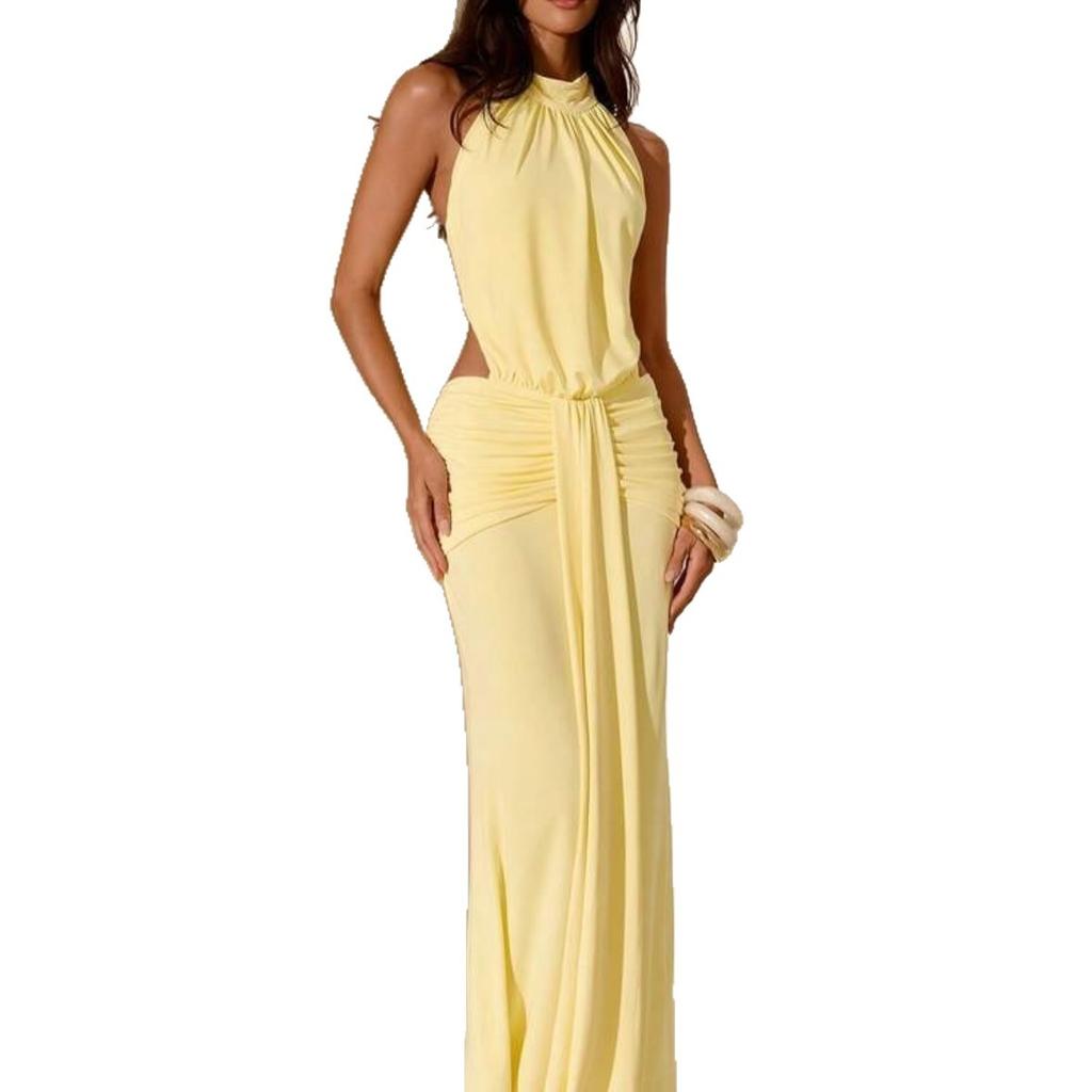 Holiday Style Neck Halter Dress Waist Side Dense Pleated Streamer Slim Hip Fish Tail Dress