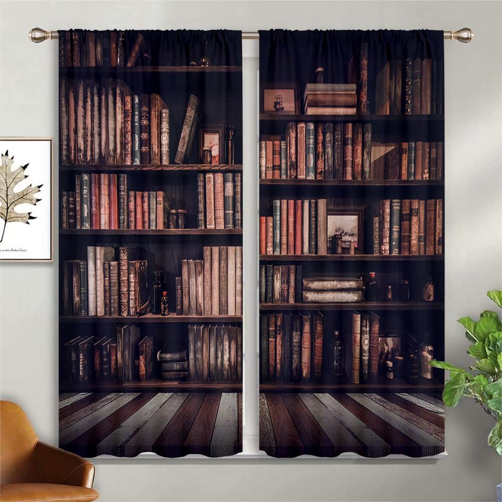 2Pcs Bookcase Vintage Pattern Print Window Curtains, Polyester Rod Pocket Window Curtains For Bedroom Space Living Space Office Bedroom Space And