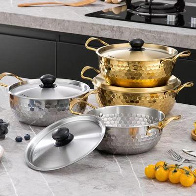 Goldener koreanischer Ramen-Topf aus Edelstahl mit Hammermuster – Mehrzweck-Instantnudeln- und Suppentopf mit Deckel