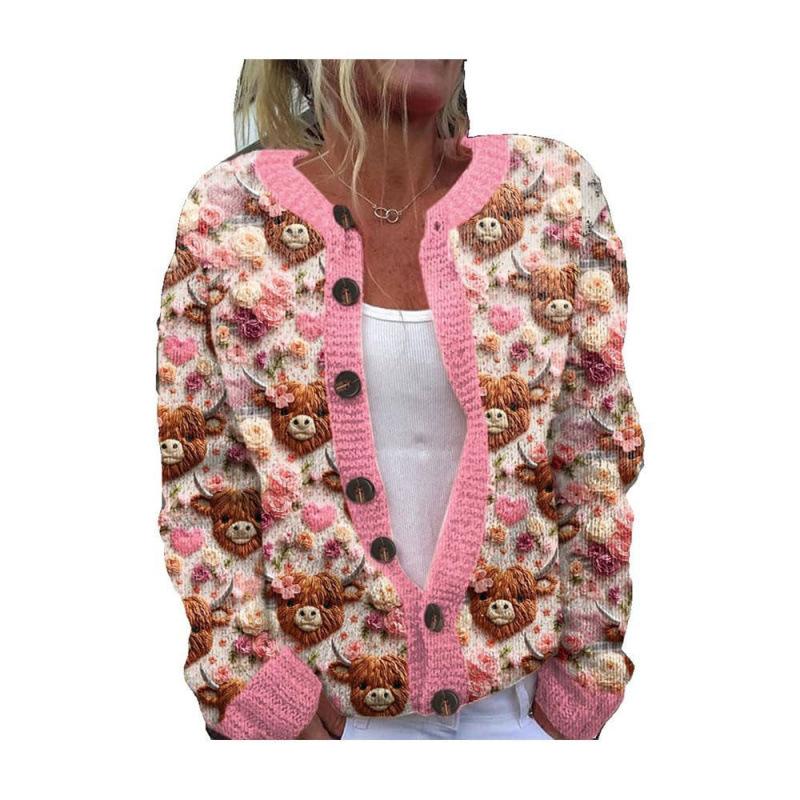 Cardigan Tricot Femme Col Rond Boutonnage Simple Imprimé Floral Manches Longues Vêtement d'Extérieur Décontracté