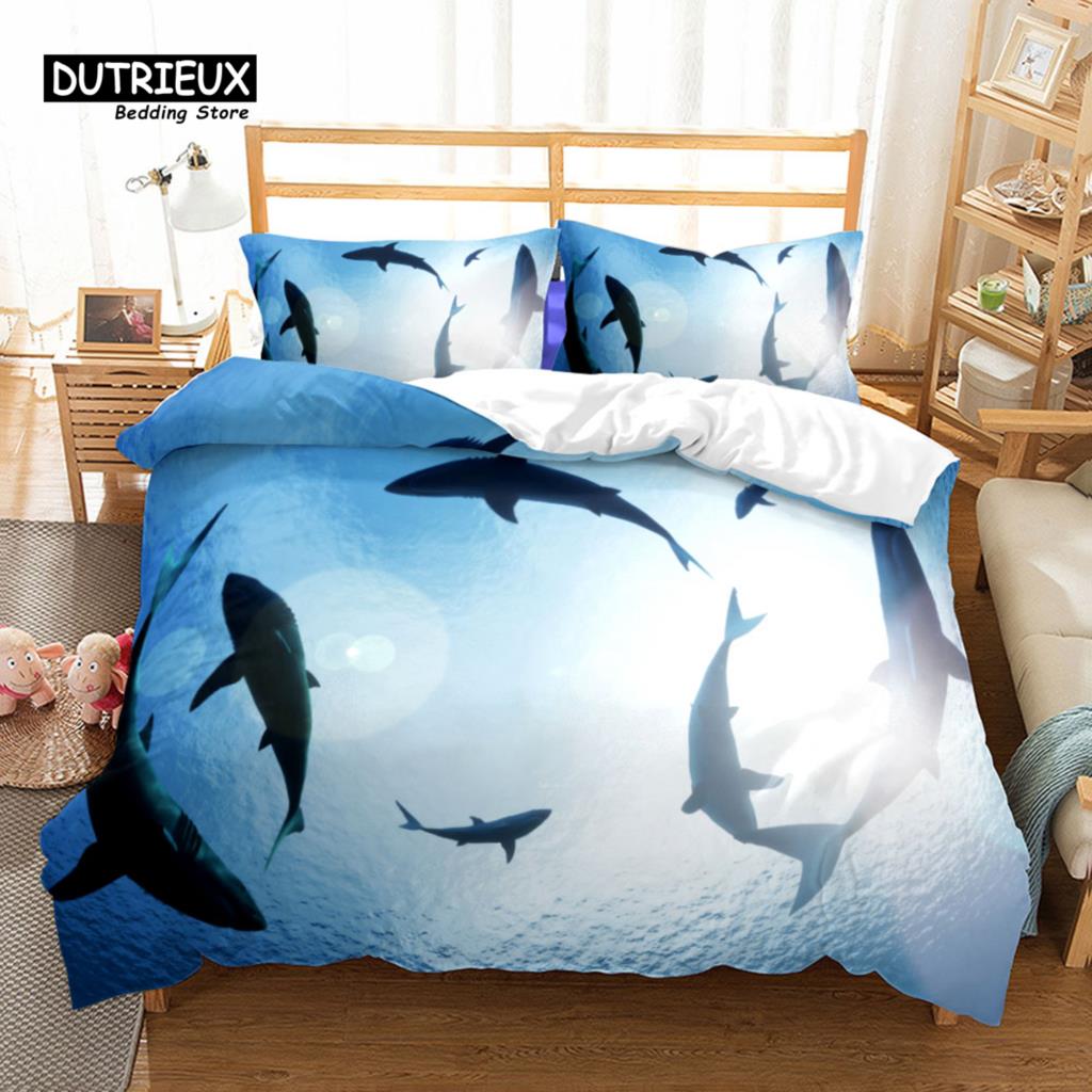 Sharks Underwater Duvet Cover Set, Fashion Bedding Set, Soft Comfortable Breathable Duvet Cover, For Bedroom Guest Room Decor