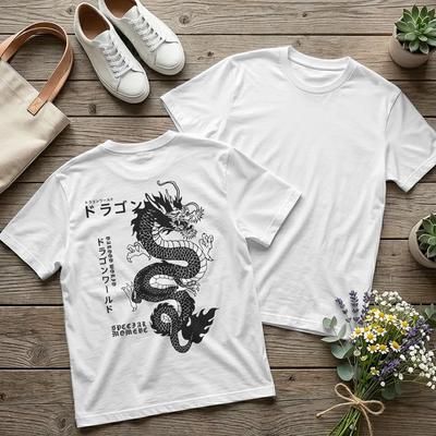 Backprint DragonWorld Japanese Style Unisex T Shirts Tokyo Ink Art Tee Short Sleeve Round Neck TShirt Cotton Gift Merchandise