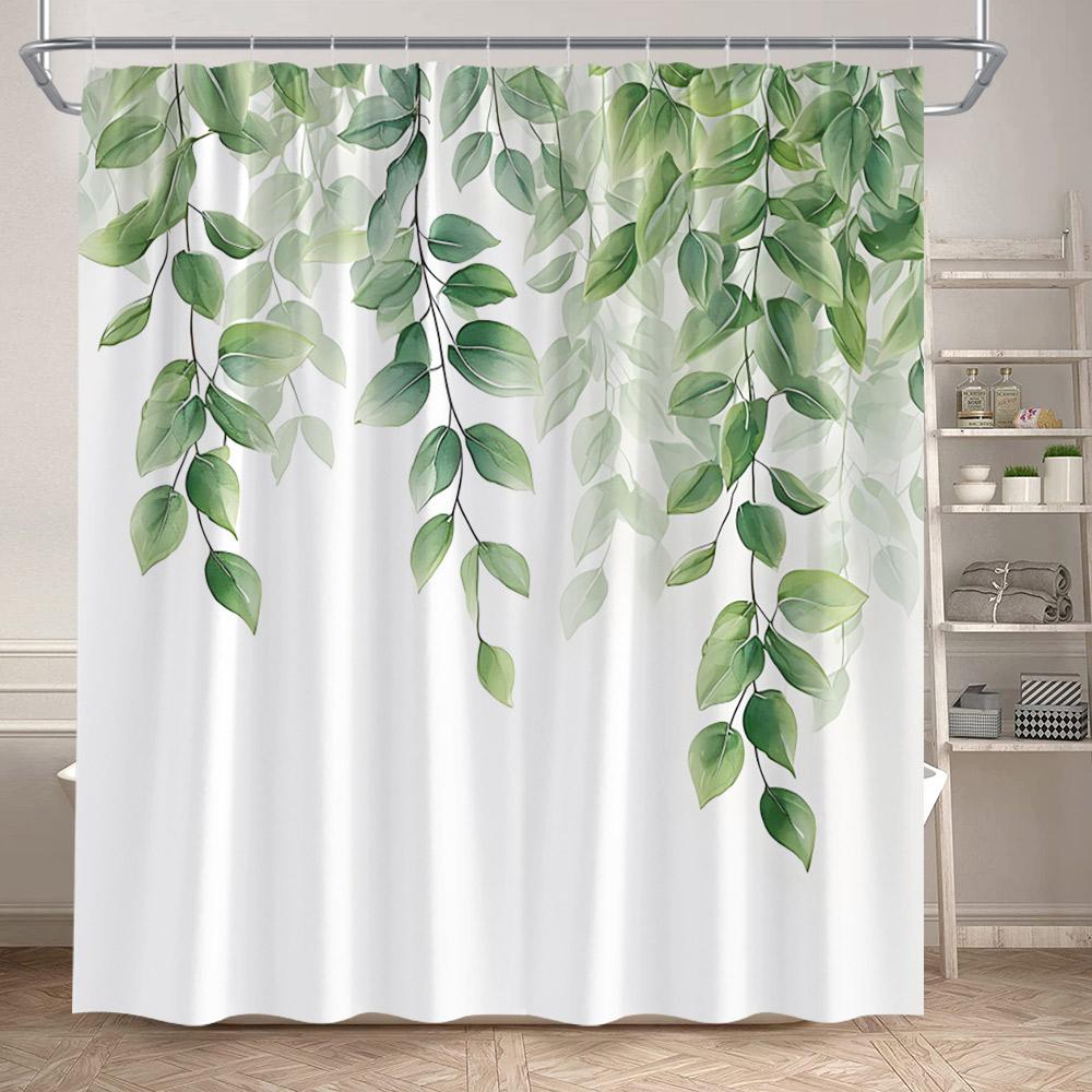 Grüne Pflanzenblätter Duschvorhänge Aquarell Eukalyptusblätter Kolibri Floral Badvorhang Heim Badezimmer Dekoration Mit Haken