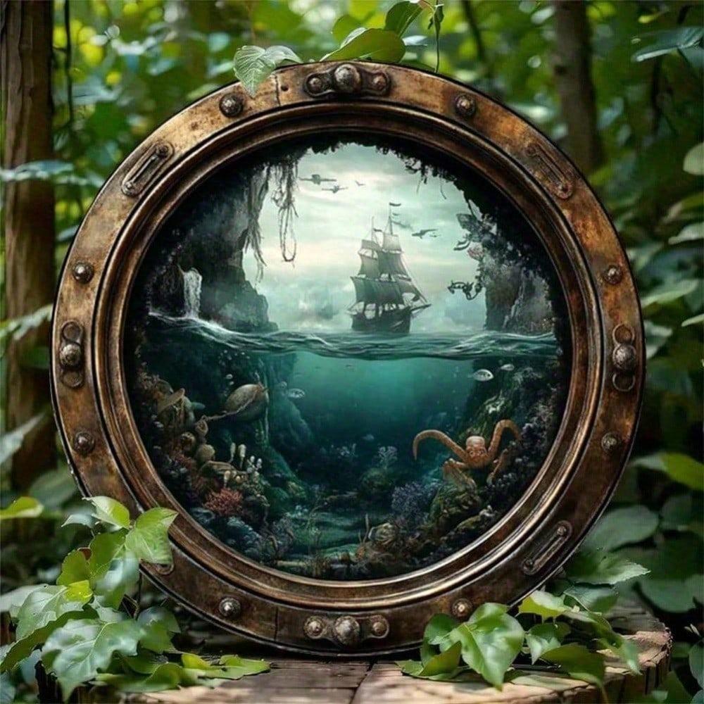 Marine Porthole Wall Decor, Round Nautical Metal Sign, Rustproof Waterproof for Porch Garage