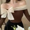 Coquette Off Shoulder Black T-shirts Women Korean Style Chic Bow Brown Long Sleeve Tees Sweet Sexy Patchwork Slim Tops
