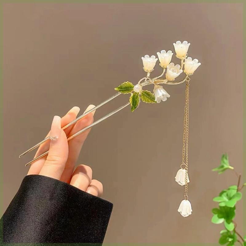 1Pc National Style New Chinese Step Fan Pearl Tassel Hairpin Female Antique Senior Hanfu Disc Hair Hairpin Hairpin