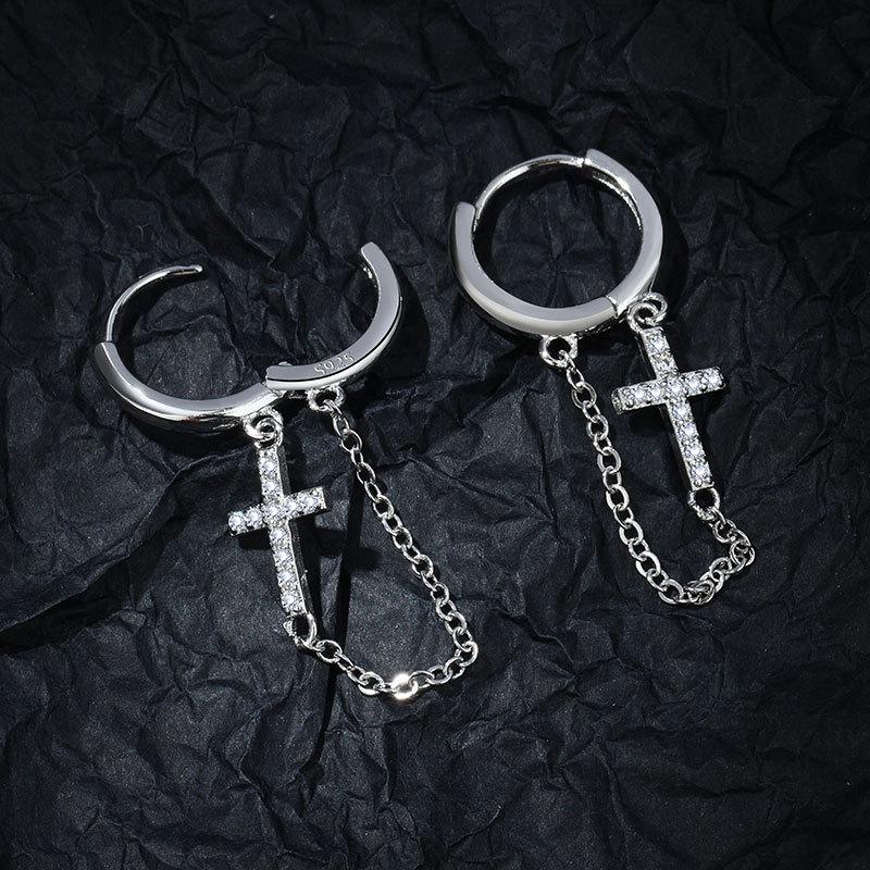 Fashionable And Creative Cross Inlaid Zircon Earrings For Men And Women Hip-hop Punk Tassel Pendants, Daily Party Jewelry Gifts