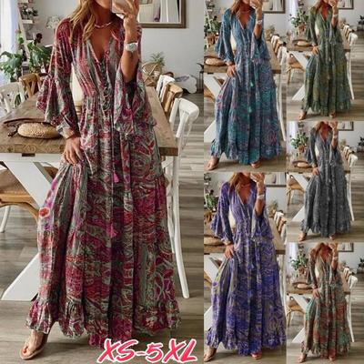 New Bohemian Flare Sleeves Printed V-Neck High Waist Holiday Dress Fragmented Flower Women's Maxi Dress