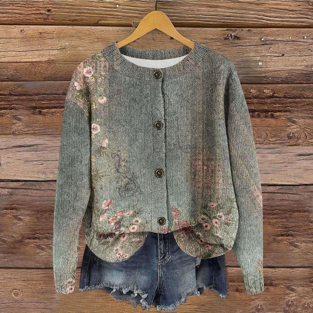 Women's Vintage Knit Button Retro Geometric Print Cardigan Jacket