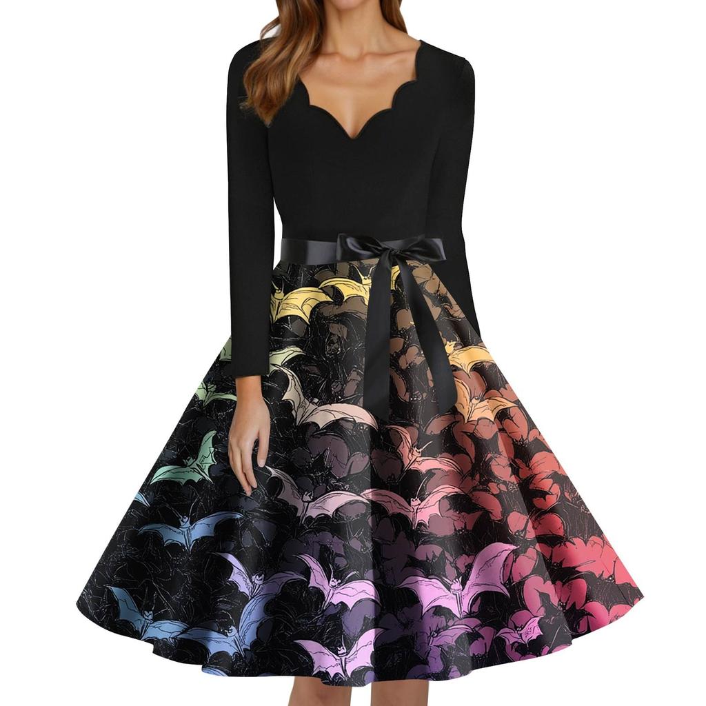 Women's Fashion V-Neck Casual Slim Fit Halloween Printed Long Sleeve Dress
