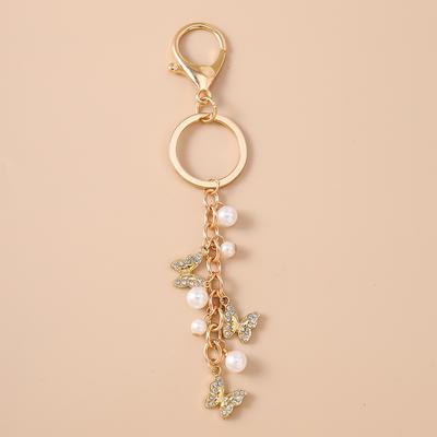 Cute Crystal Butterfly Keychain Women Girls Pearl Key Ring Pendants for Handbag Decor DIY Handmade Key Chain Jewelry Gifts