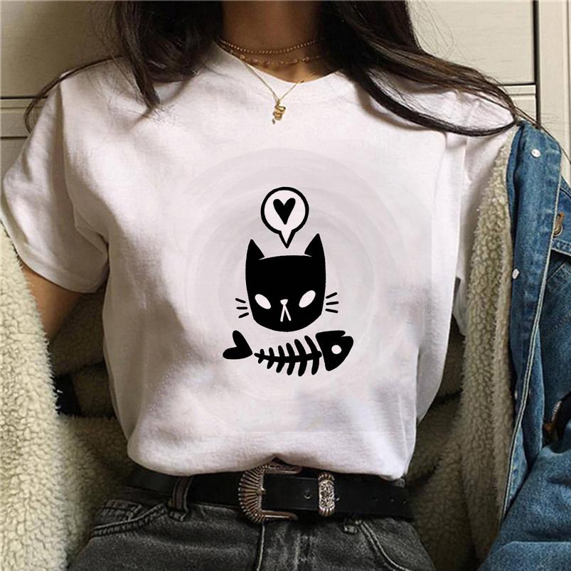 Summer Tshirt Female Tee Skull Cat Print Women Tshirt Punk Dark Grunge Streetwear Ladies Gothic Top Tshirts Harajuku Clothes Y2K
