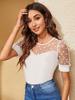 2026 Spring/Summer Women's Mesh Polka Dot Patchwork Round Neck Slim Fit Short Sleeve T-Shirt