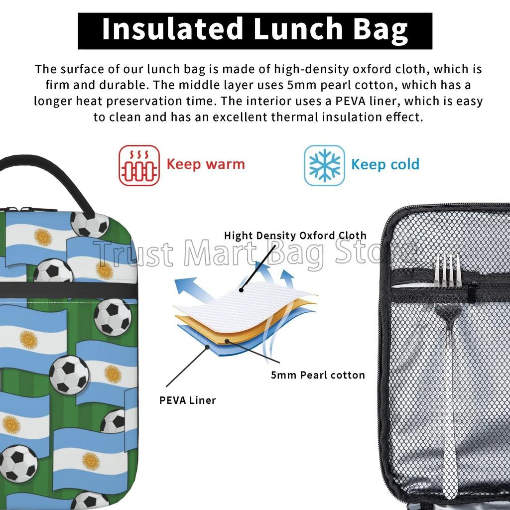 Argentina Flag Soccer Print Insulated Lunch Bag Waterproof Thermal Lunch Box Reusable Portable Cooler Bento Tote Bag for Picnic
