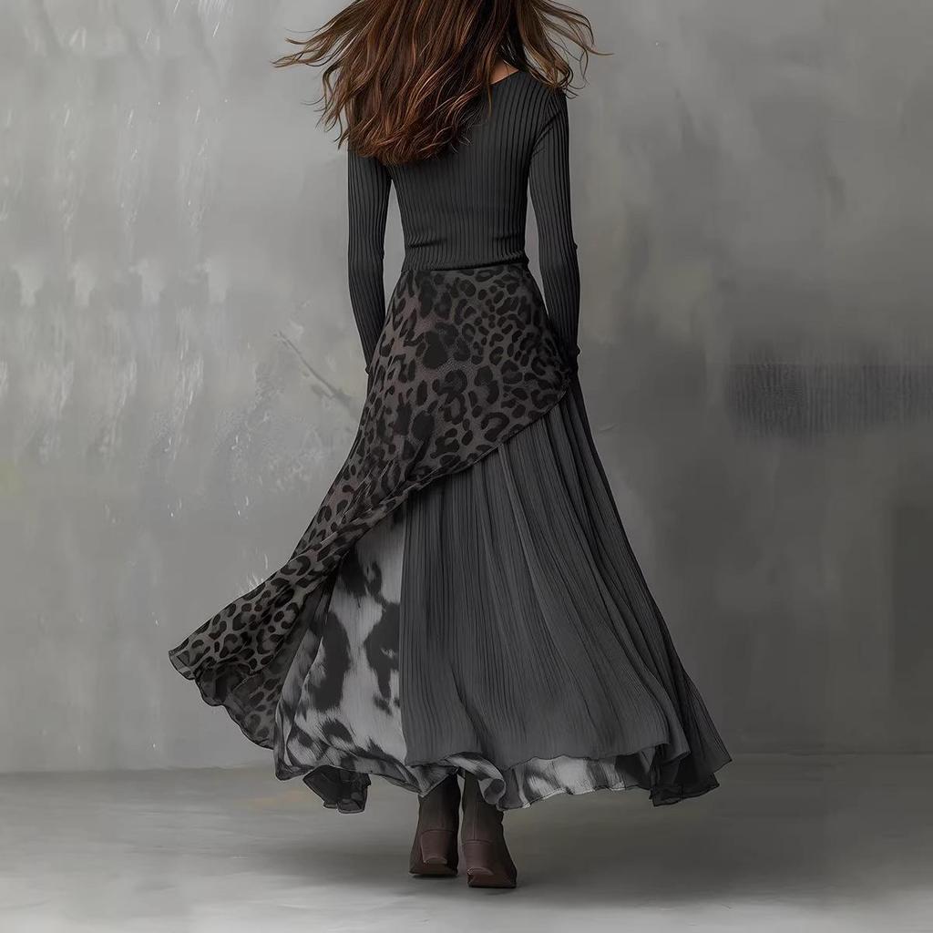 Stylish Leopard Print Patchwork Dress with Elastic Waist and Long Sleeves, Big Hem 2026