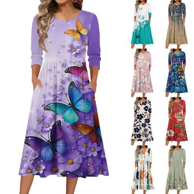 Dámské šaty s 3/4 rukávem, ležérní, splývavé, áčkového střihu, midi tričkové šaty s kapsami, kulatý výstřih, na dovolenou, boho, plážové letní šaty