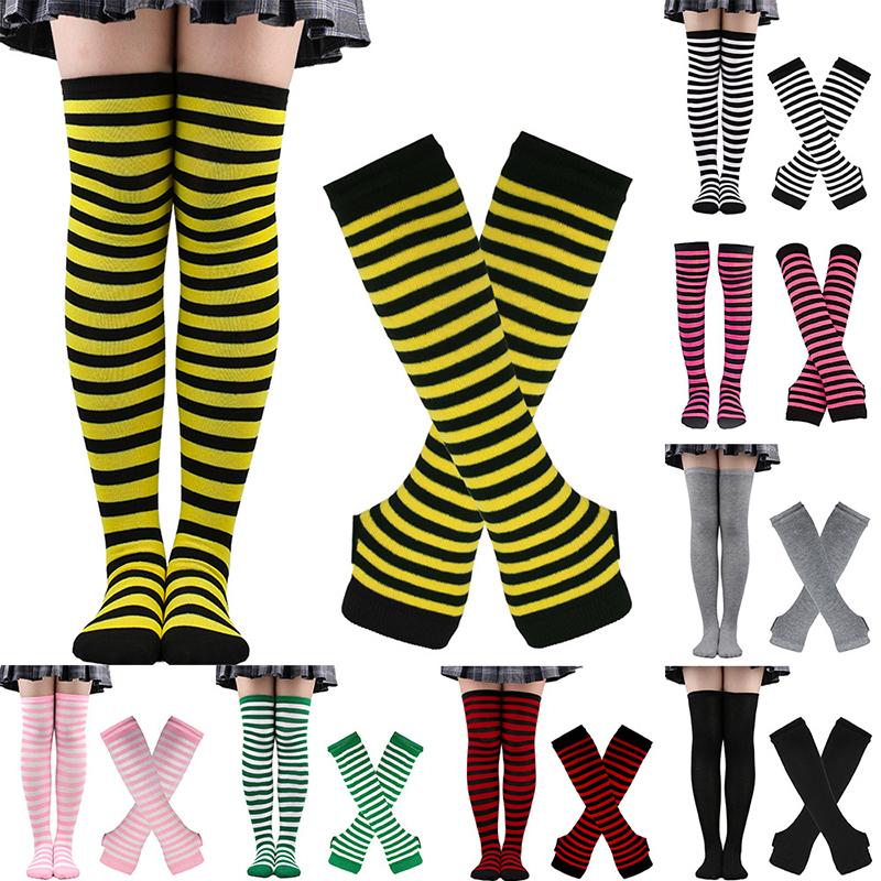 Y2K Women Girls Over Knee Long Stripe Printed Thigh High Cotton Socks Arm Sleeve Gloves 1 Set Overknee Socks Long Gloves 2024