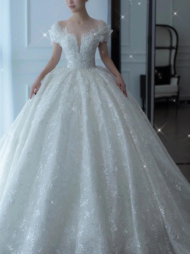 2025 French Luxury Wedding Dress for Petite Pregnant Bride - Princess Style with Train and Heavy Embroidery (D102)