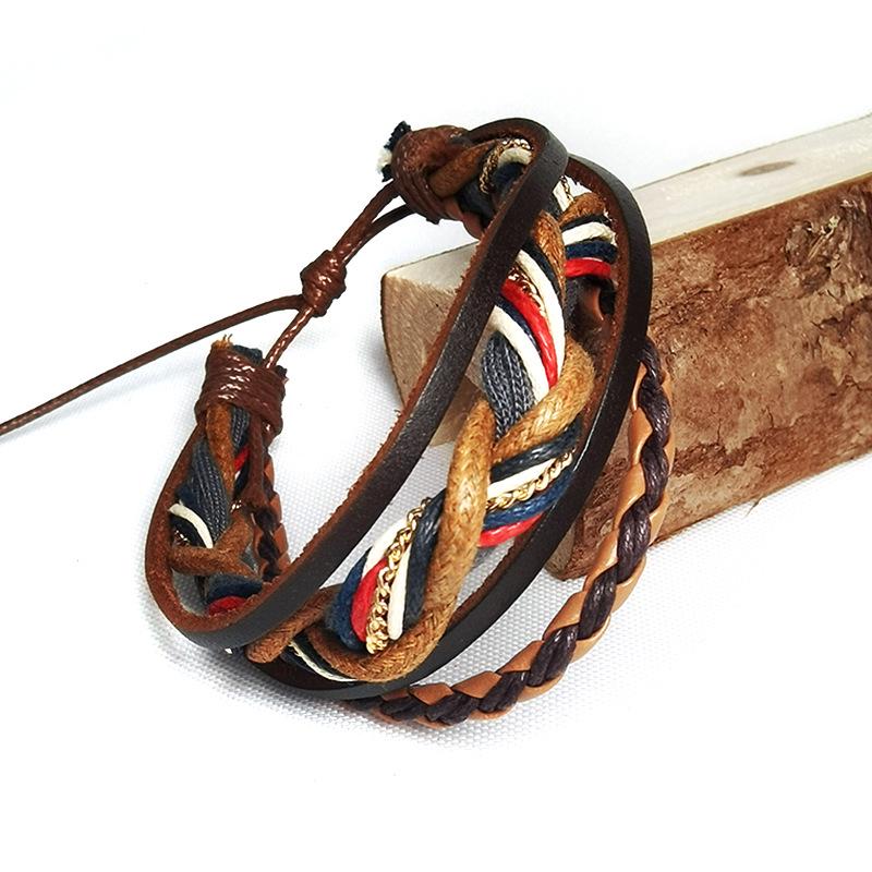 

Многослойный плетеный браслет ручной работы: Европейско-американский стиль, регулируемый хлопковый вощеный шнур с отделкой из коровьей кожи.