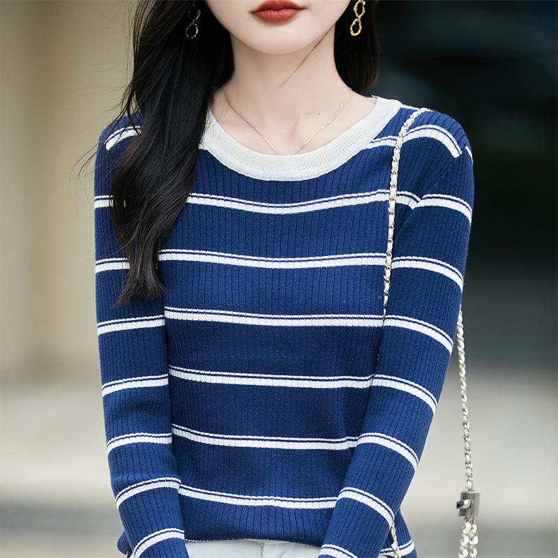 2026 Autumn Women's Striped Slim-Fit Wool Knit Pullover, Round Neck Korean Style