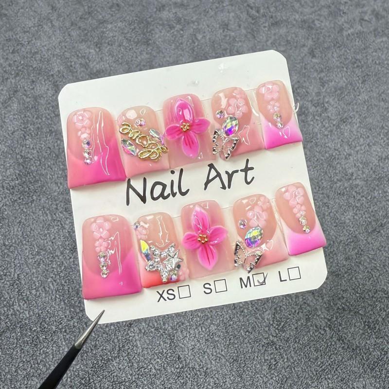 Short Duckbill Press-On Nails With Floral Butterfly Star Design Ice-Transparent Pink Blush Gel Effect Sweet 3D Embossed Handmade
