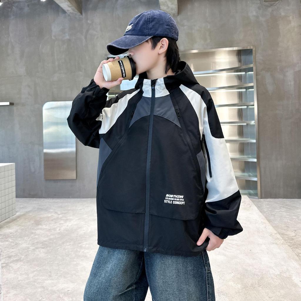 Boys' Spring & Autumn 2025 Hooded Windbreaker - Trendy Windproof Street Style