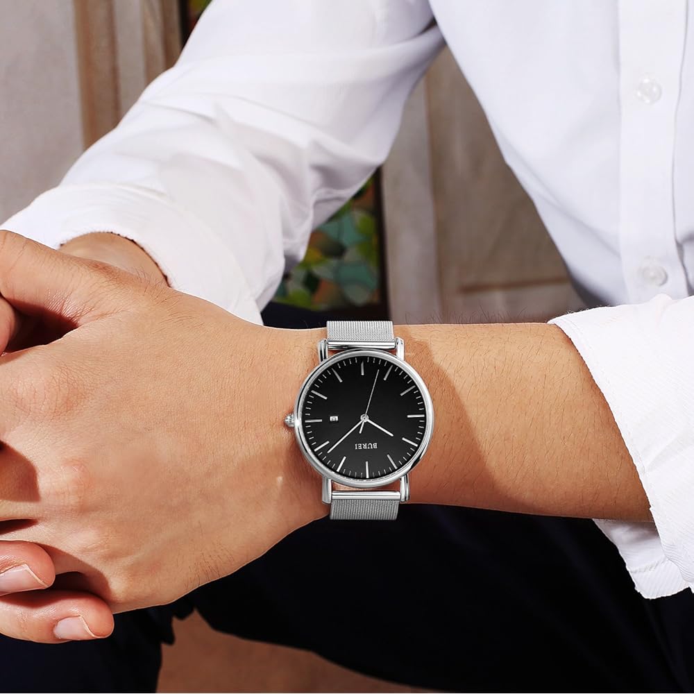 BUREI Men's Analog Quartz Watch Waterproof Date Black Simple Stylish Business Silver Milanese Mesh Band