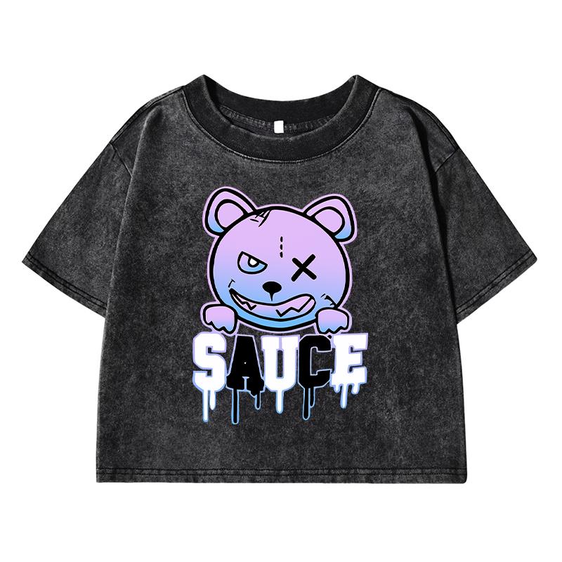 Funny Bear Cartoonprinting Female Washed Short Tshirt Breathable Summer T Shirt Distress Midriff-Baring Top Women