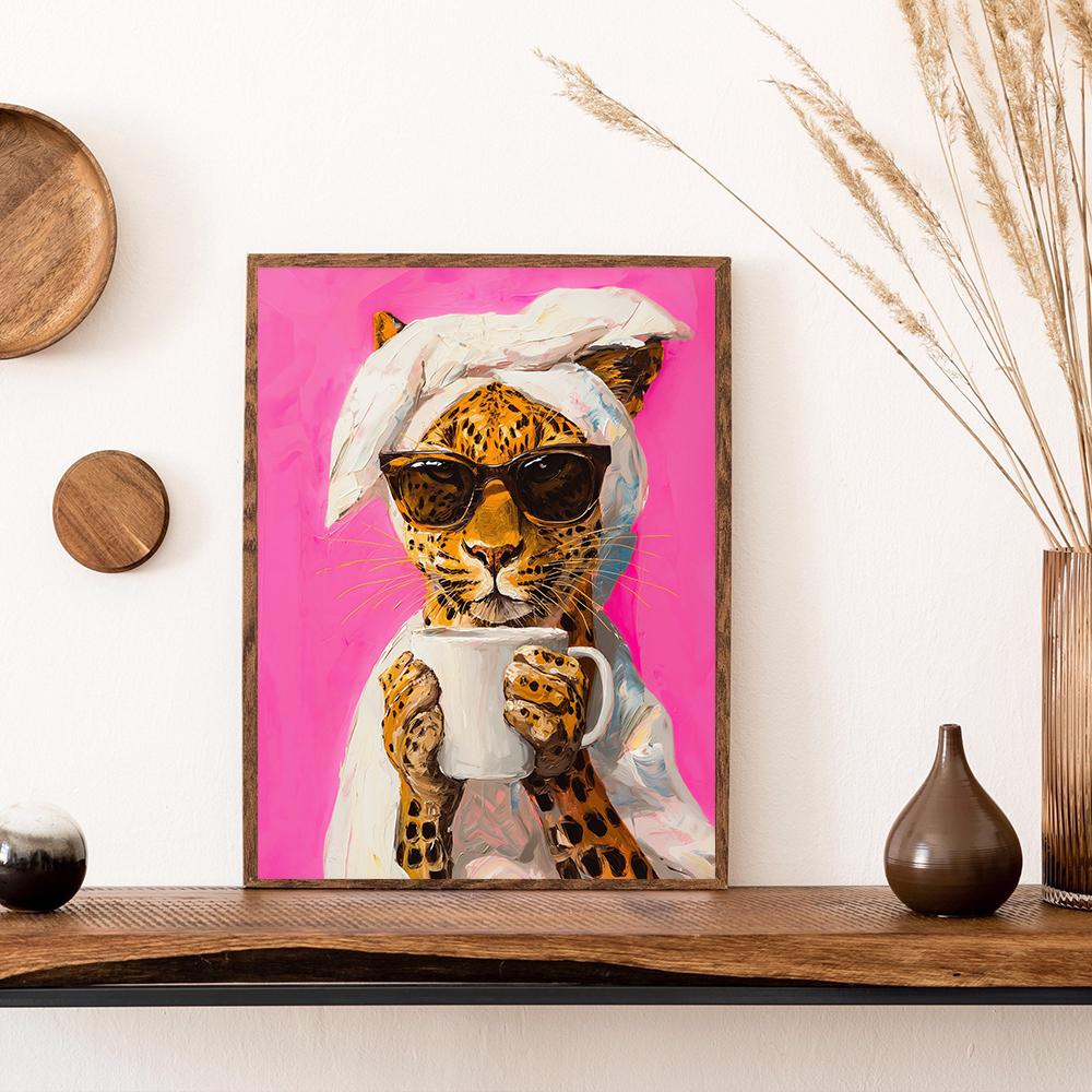 Colorful Leopard Drinking Coffee Maximalist Posters Vivid Morning Canvas Painting Wall Art Print Pictures for Kitchen Home Decor