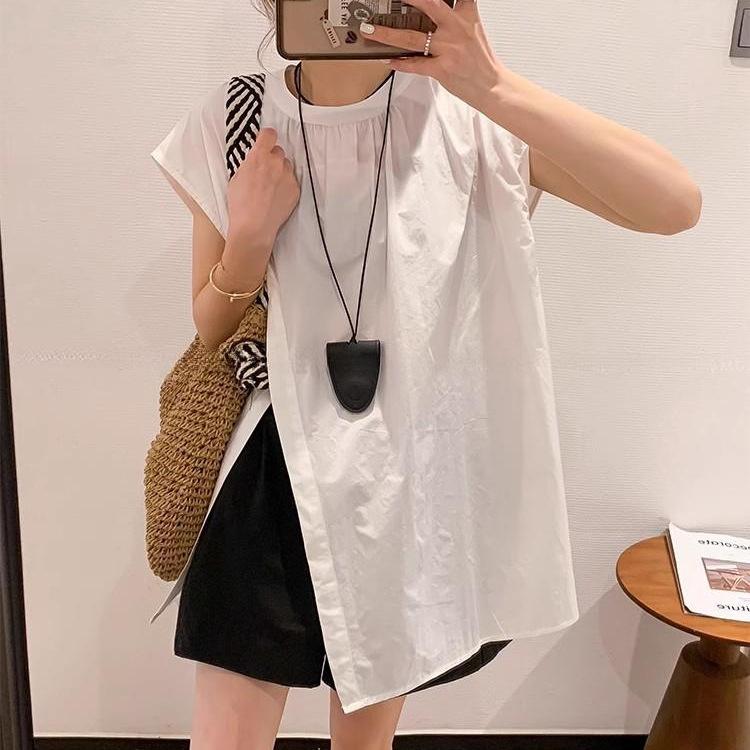 White Design Short-sleeved Irregular Shirt Blouse New Women's 16-year Summer Split-ended Blouse