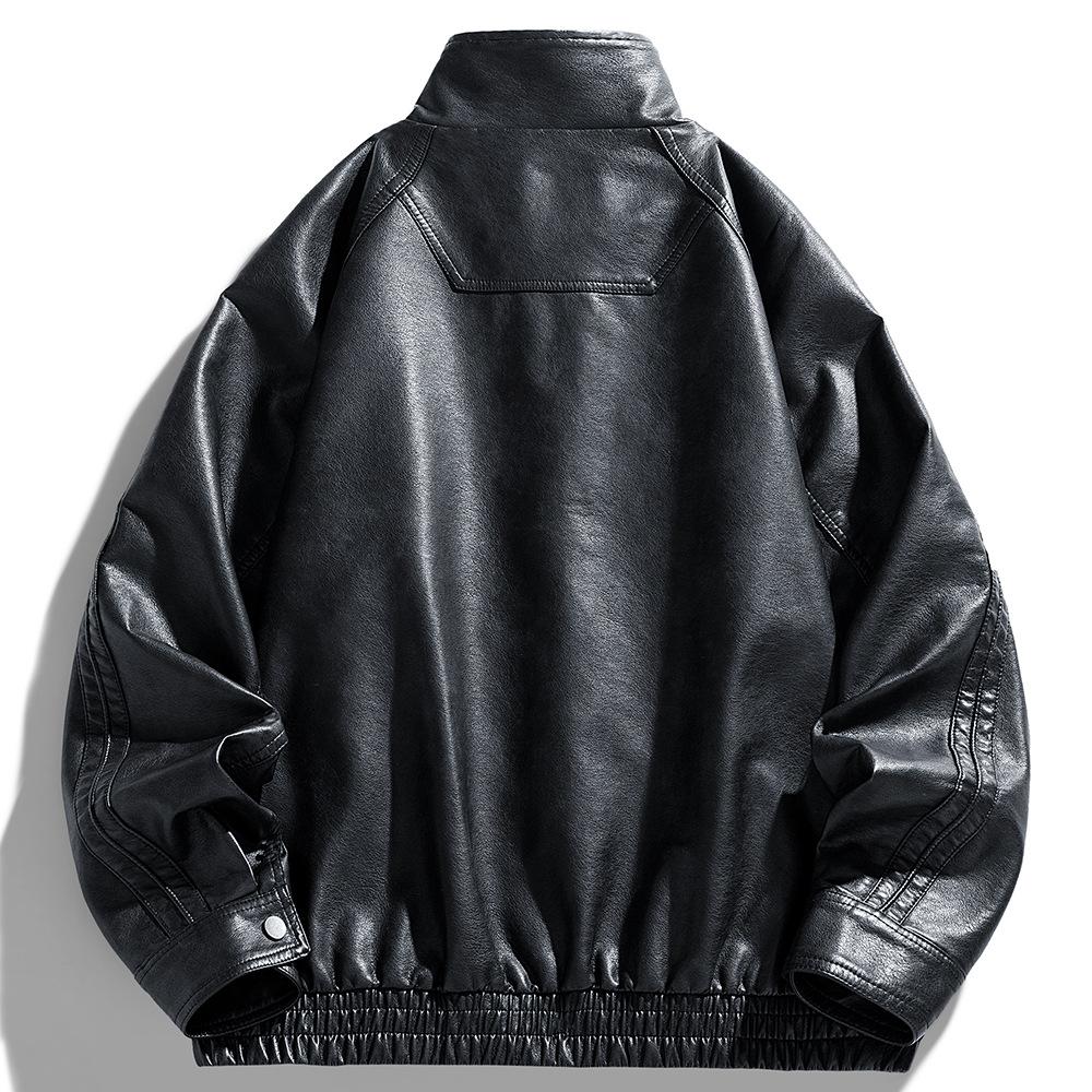 American Retro Men's Leather Jacket Men's High Street Loose Casual Stand Collar Motorcycle Leather Jacket Handsome